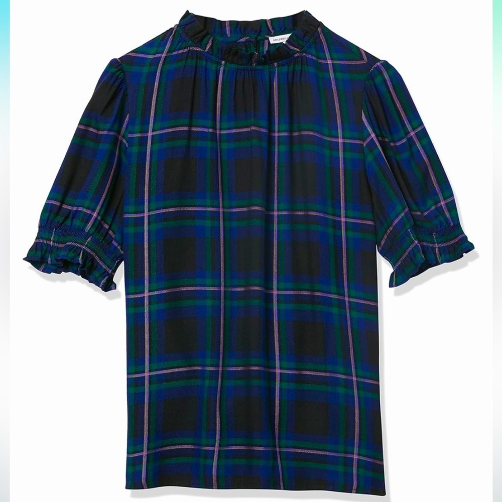 Amazon Essentials Women's Fluid Twill Short Puff Sleeve Smock Detail Shirt, sz L